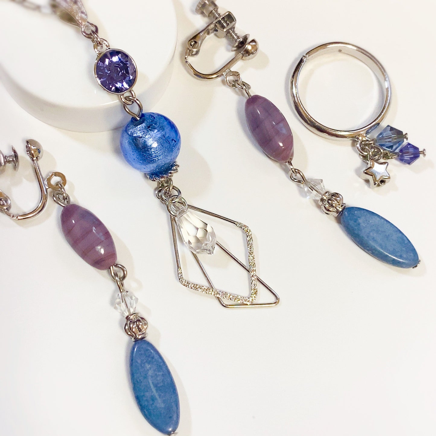 ［Set］ベネチアガラス ダブルチャームネックレス / ツーフェイスドロップピアス イヤリング