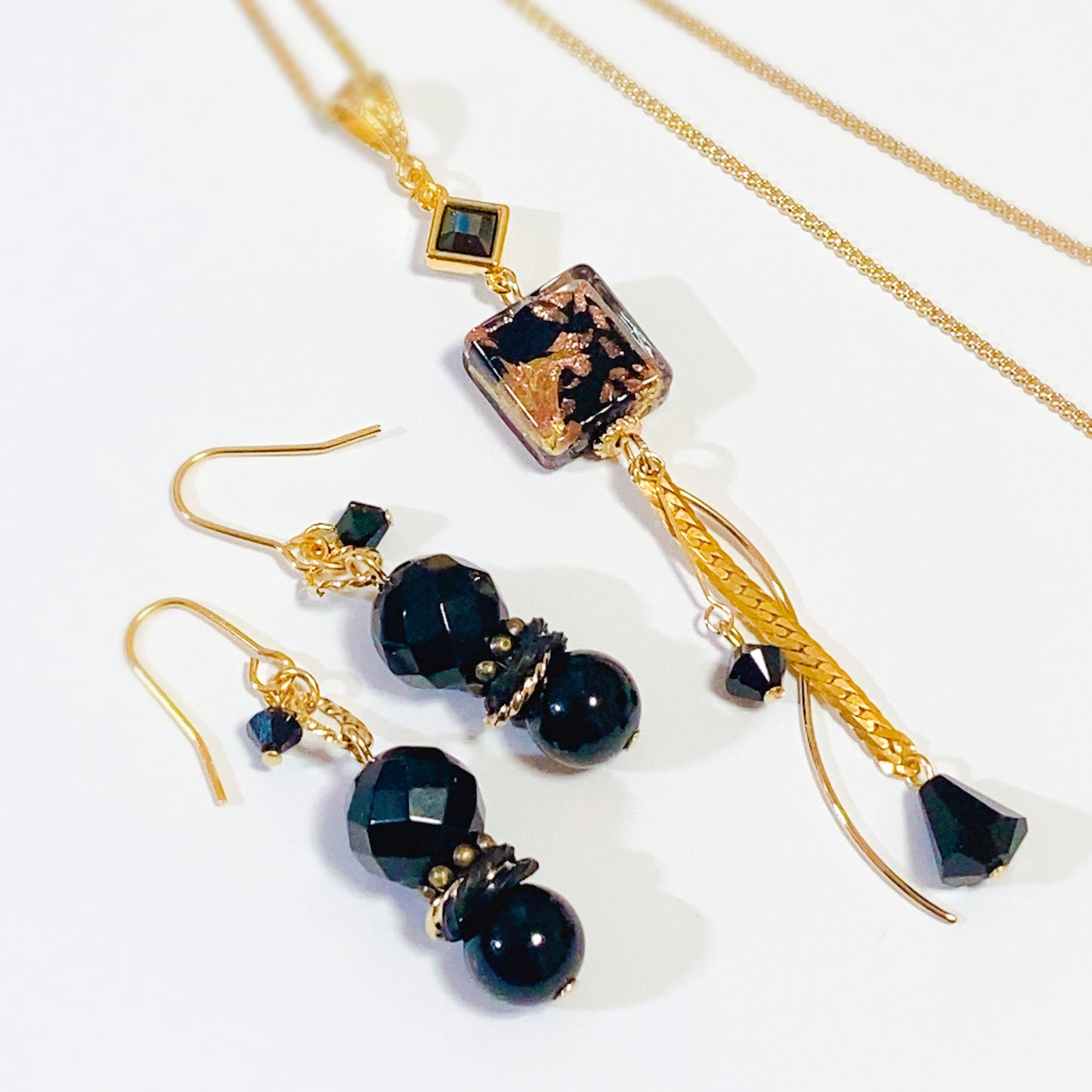［Set］フレームスタイルネックレス／ダブルドロップイヤリング